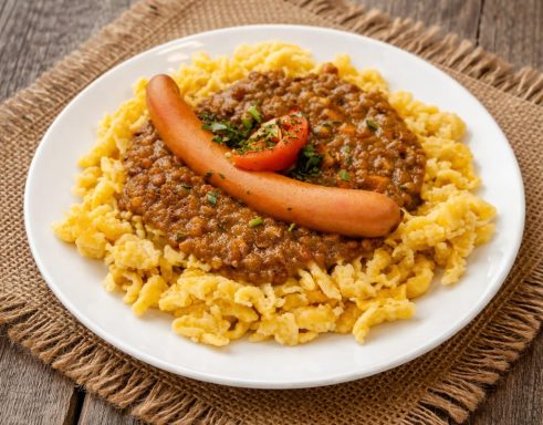 Linsen, Spätzle sind hausgemacht. Saitenwurst von einem regionalem Metzger.