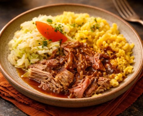 Pulled-Pork vom Schäufele mit Beilage nach Wahl